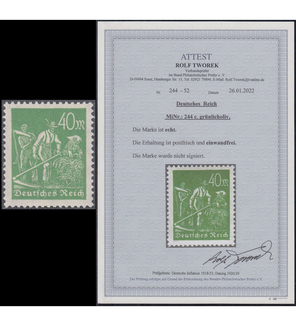 Deutsches Reich - Farbabart Nr. 244 c mit Fotoattest