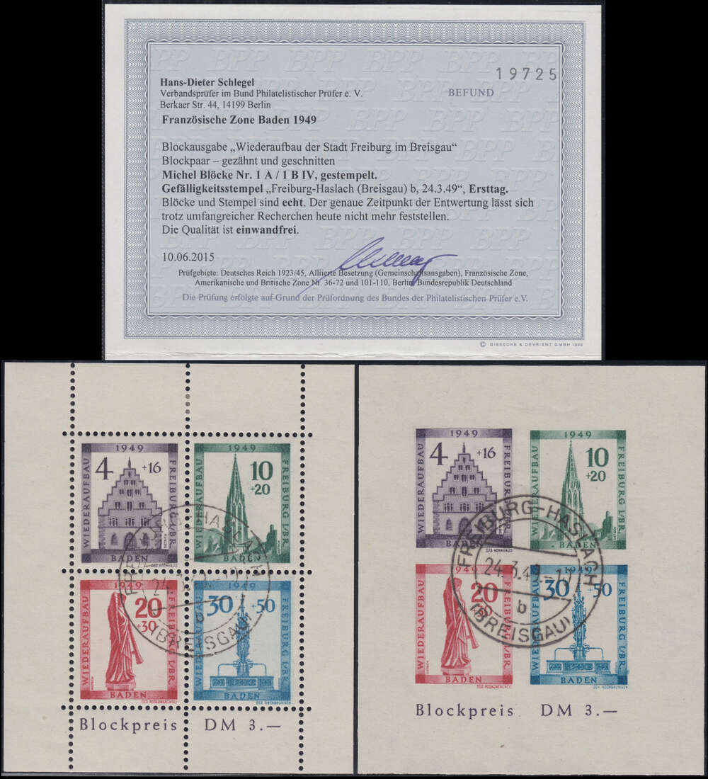 Franz�sische Zone - Baden Block 1 A/B Ersttagsstempel Farbfotobefund