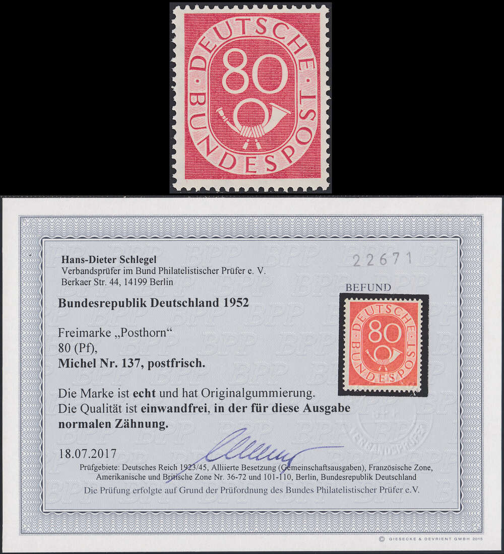 BRD Bund  Nr. 138 postfrisch ** mit Farbfotobefund