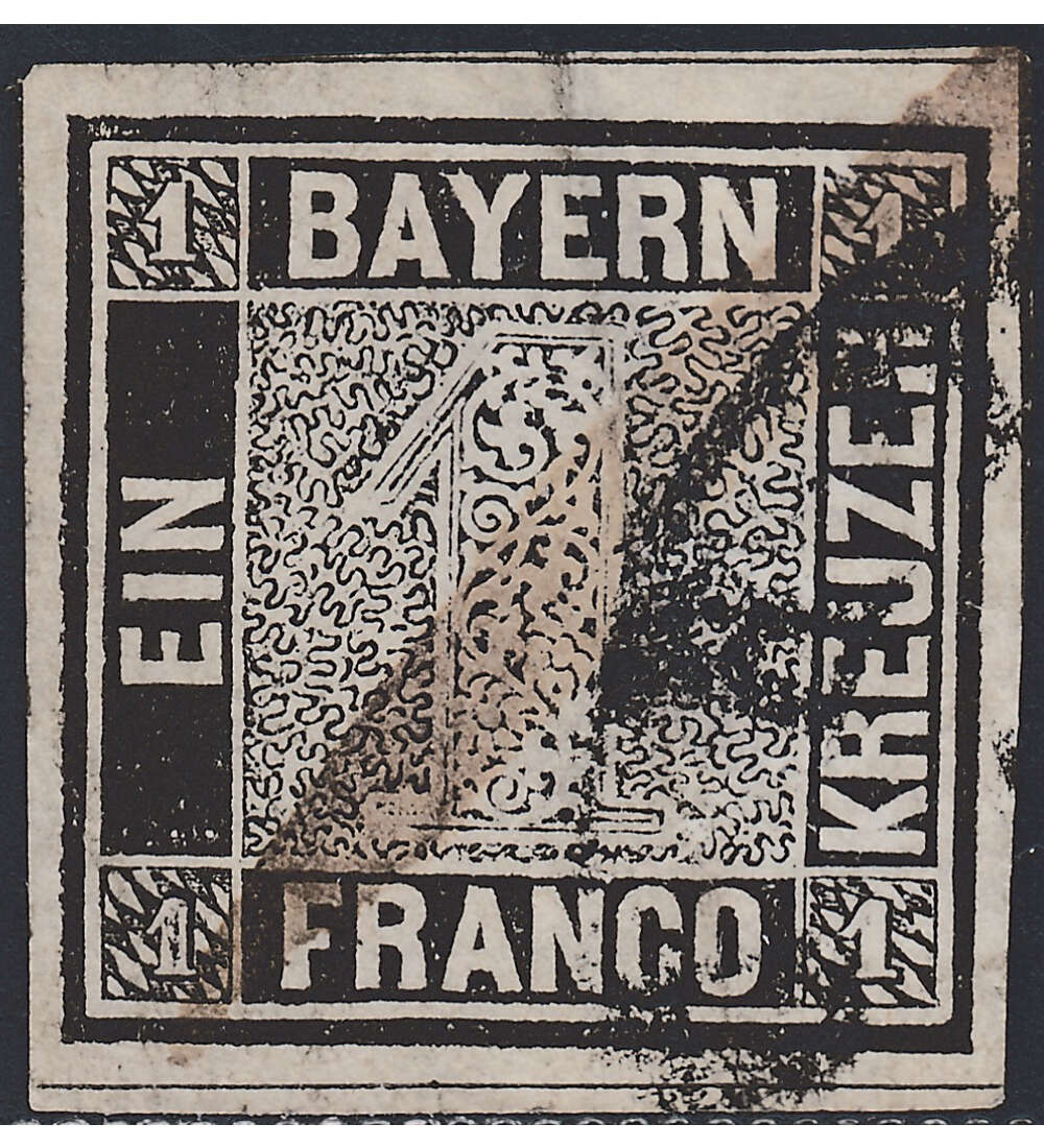 Bayern Nr. 1 mit Abstempelung u. Federstrich geprft