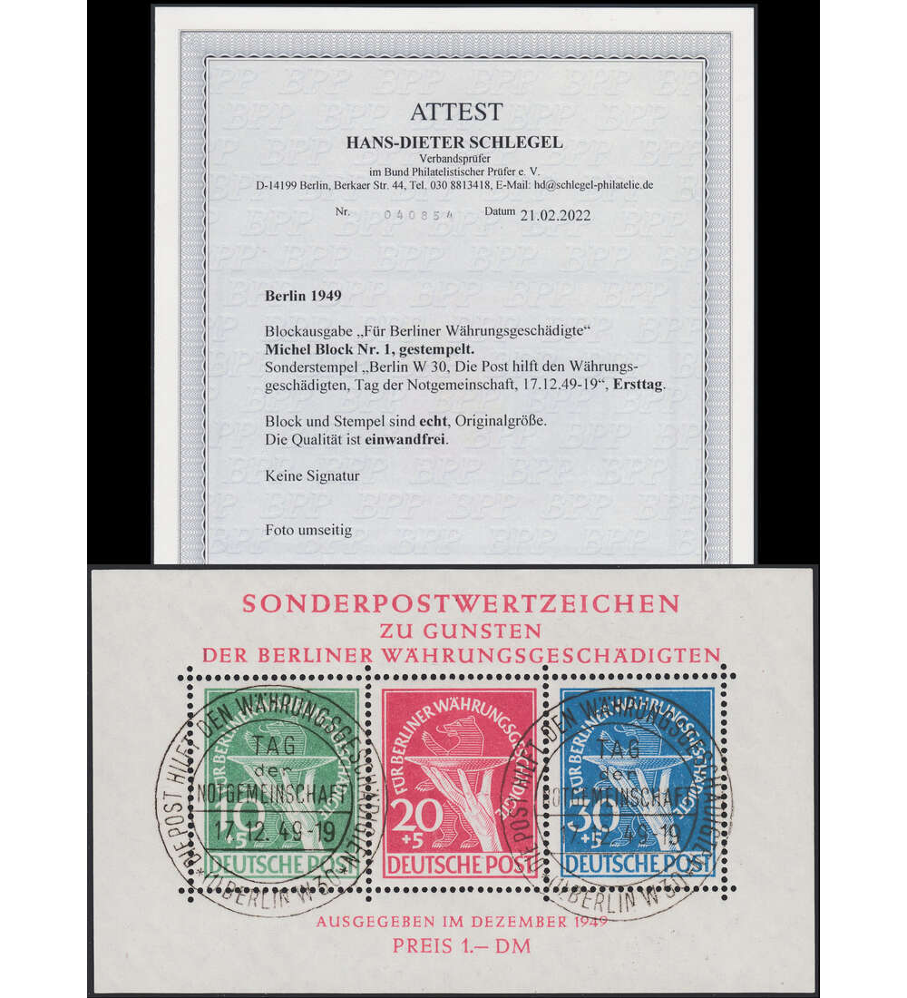 Berlin Block 1 gestempelt mit Farbfotoattest
