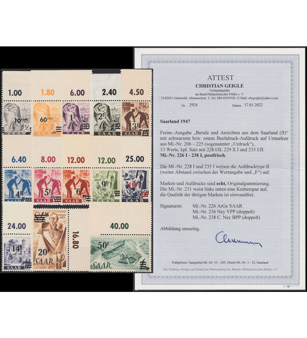 Saar Urdruck-Satz Nr. 226 I - 238 I postfrisch Oberrand