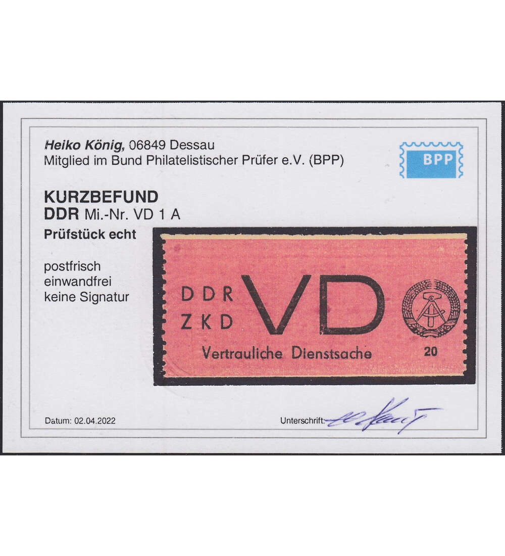 DDR - Dienstmarke Nr. VD 1 A postfrisch ** mit Farbfotobefund