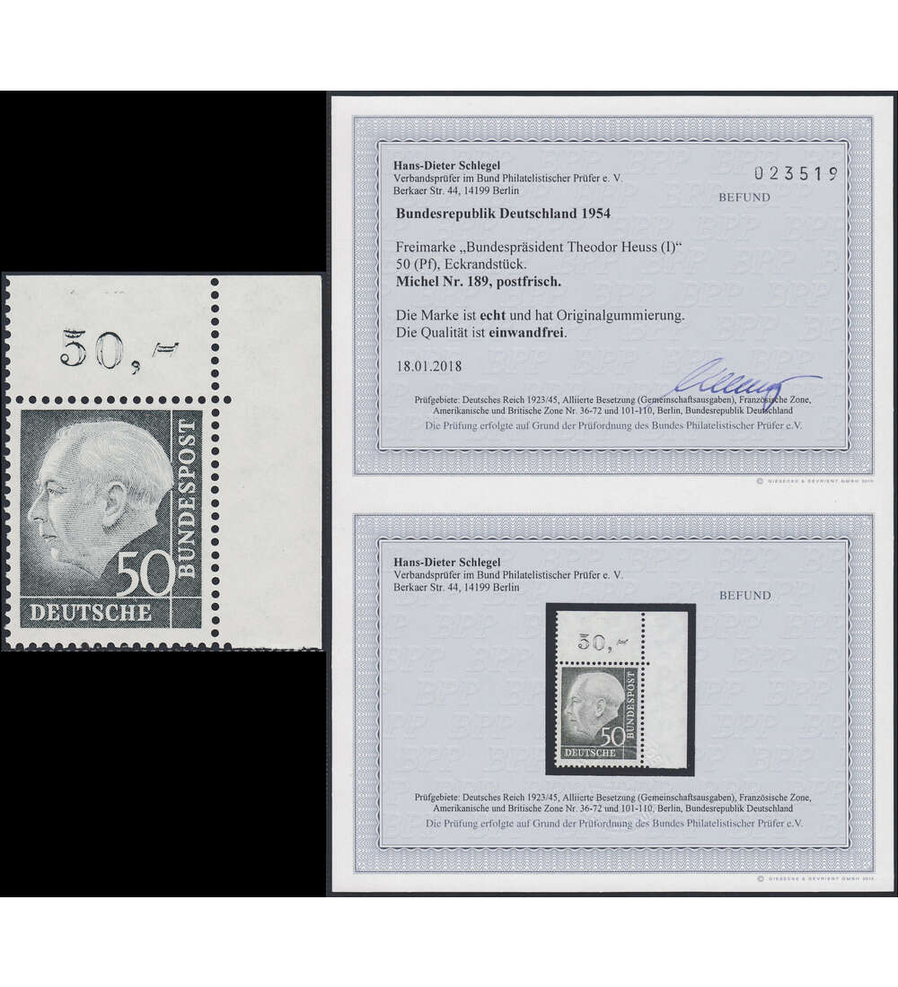 BRD Bund Nr. 189 postfrisch, Ecke oben rechts mit Fotobefund