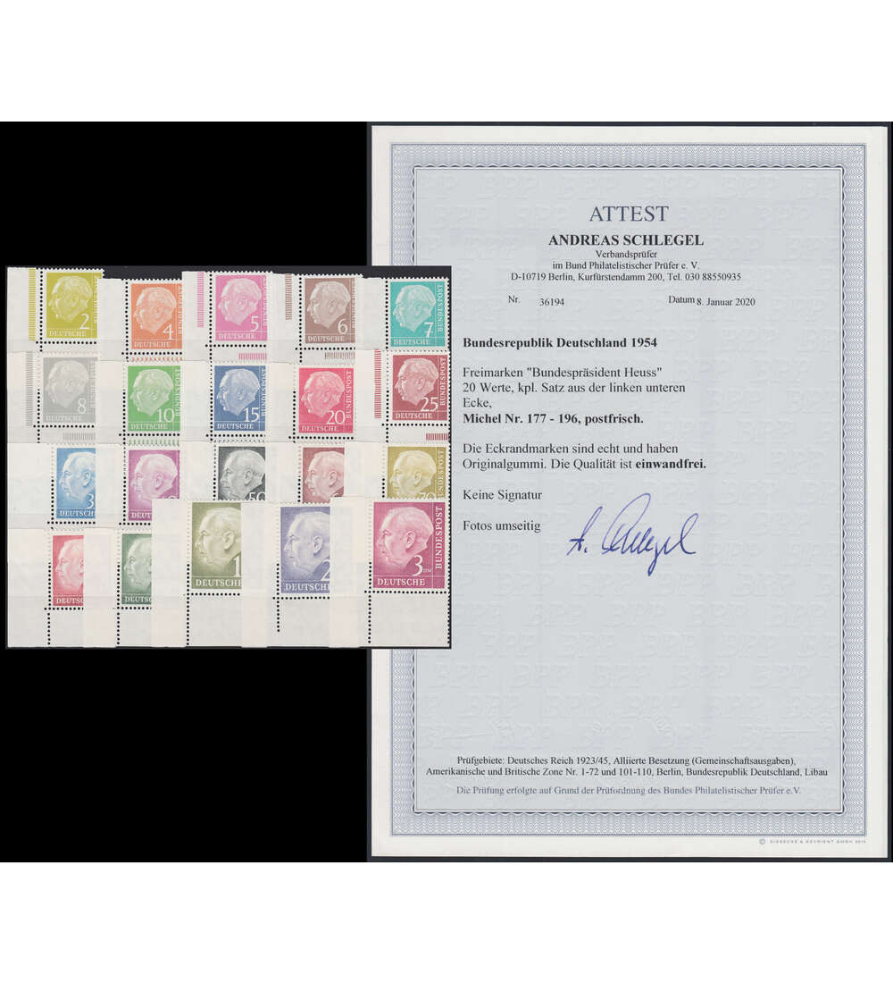 BRD Bund Nr. 177-196 postfrisch ** Eckrandsatz mit Fotoattest