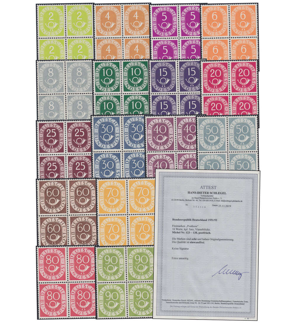 BRD Bund Posthorn Viererblocks postfrisch mit Farbfotoattest