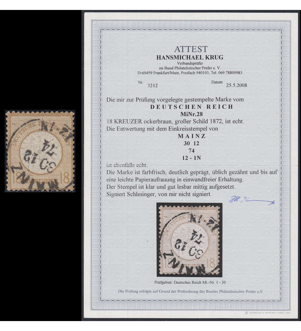 Deutsches Reich Nr. 28 gestempelt mit Farbfotoattest