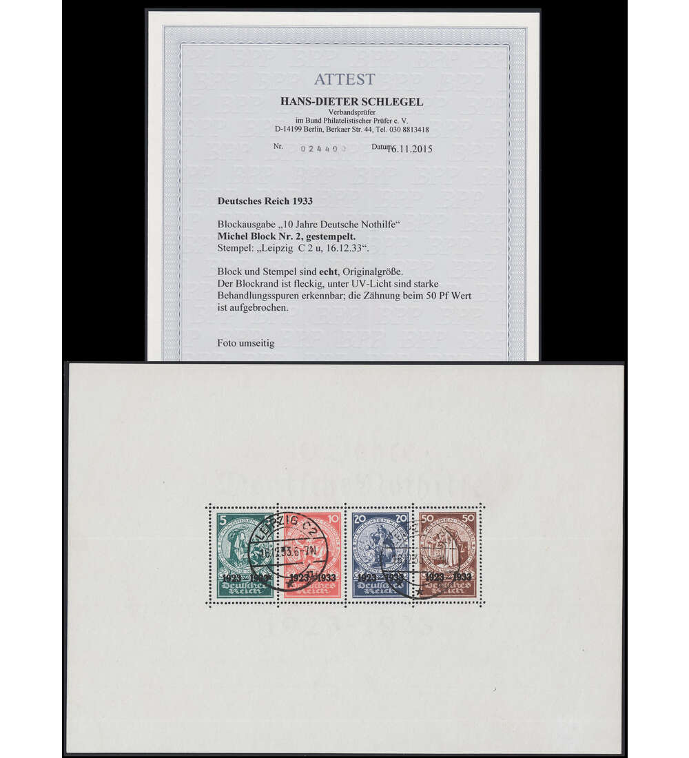 Deutsches Reich Block 2 gestempelt mit Attest