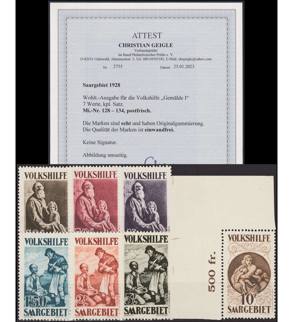 Saar Nr. 128-134 postfrisch mit Farbfotoattest
