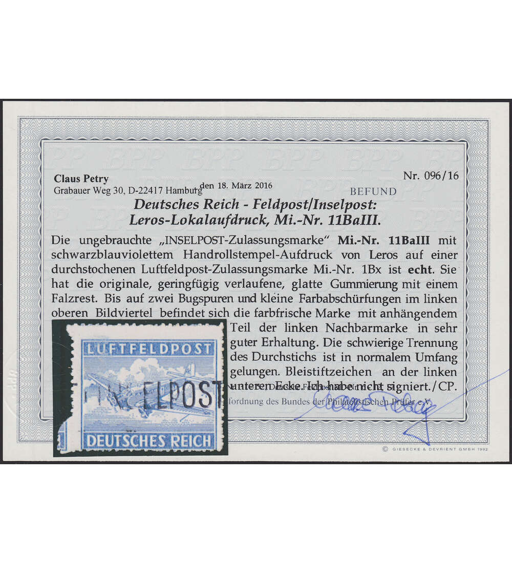 Deutsches Reich - Feldpost Nr. 11 Ba ungestempelt mit Attest