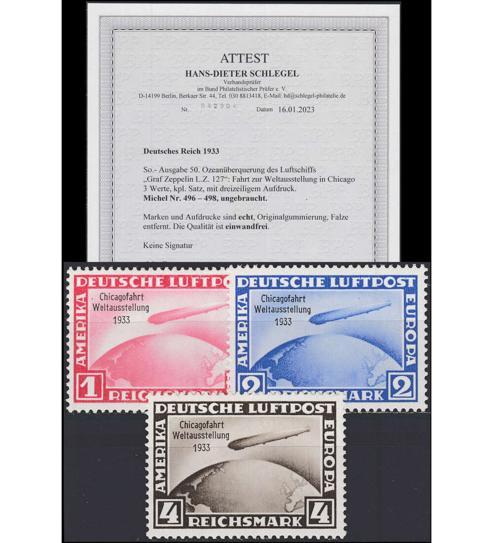 Deutsches Reich Nr. 496-498 ungestempelt mit Attest