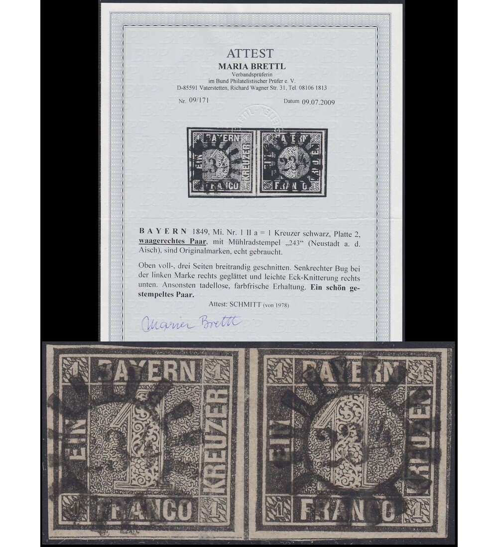 Bayern - Paar Nr. 1 II a gestempelt mit Farbfotoattest