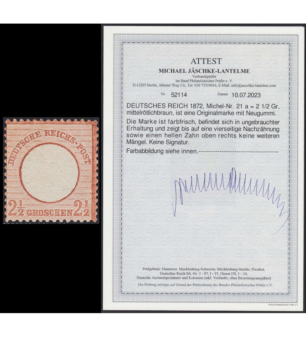 Deutsches Reich Nr. 21 ungebraucht mit Attest