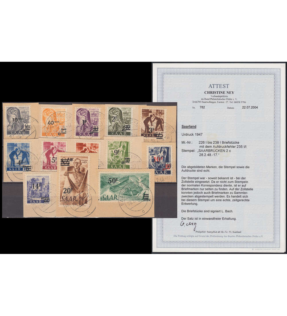 Saar Nr. 226-238 I Urdruck 1947 gestempelt mit Attest