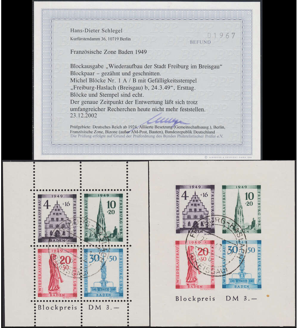 Frz. Zone Baden Block 1 A+B gestempelt mit Attest