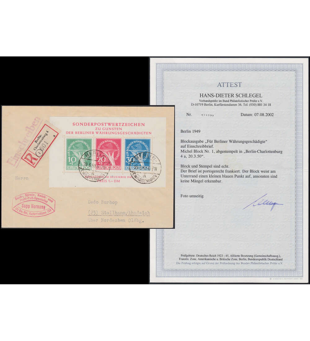 Berlin Block 1 auf Einschreibebrief mit Attest