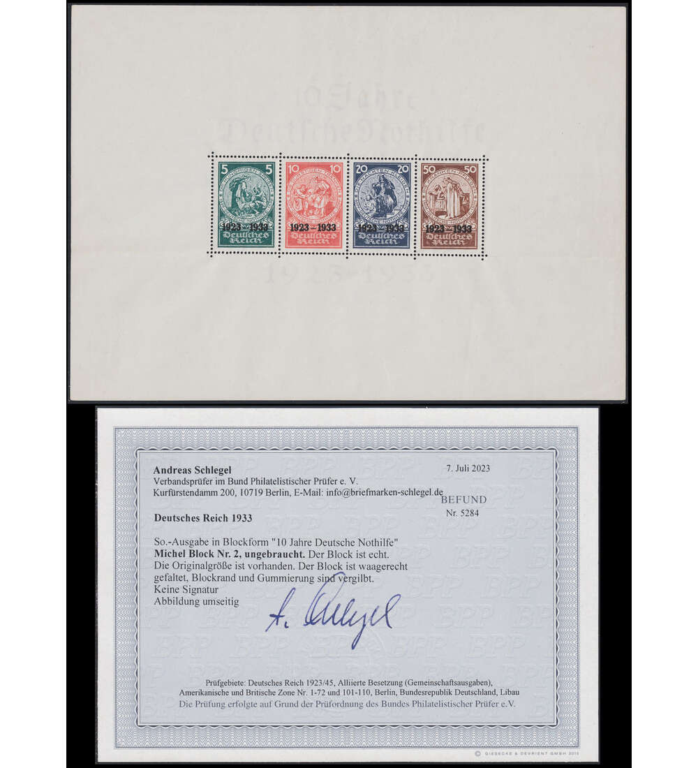  Dt. Reich Nothilfe-Block Block 2 ungestempelt mit Farbfotobefund Schlegel