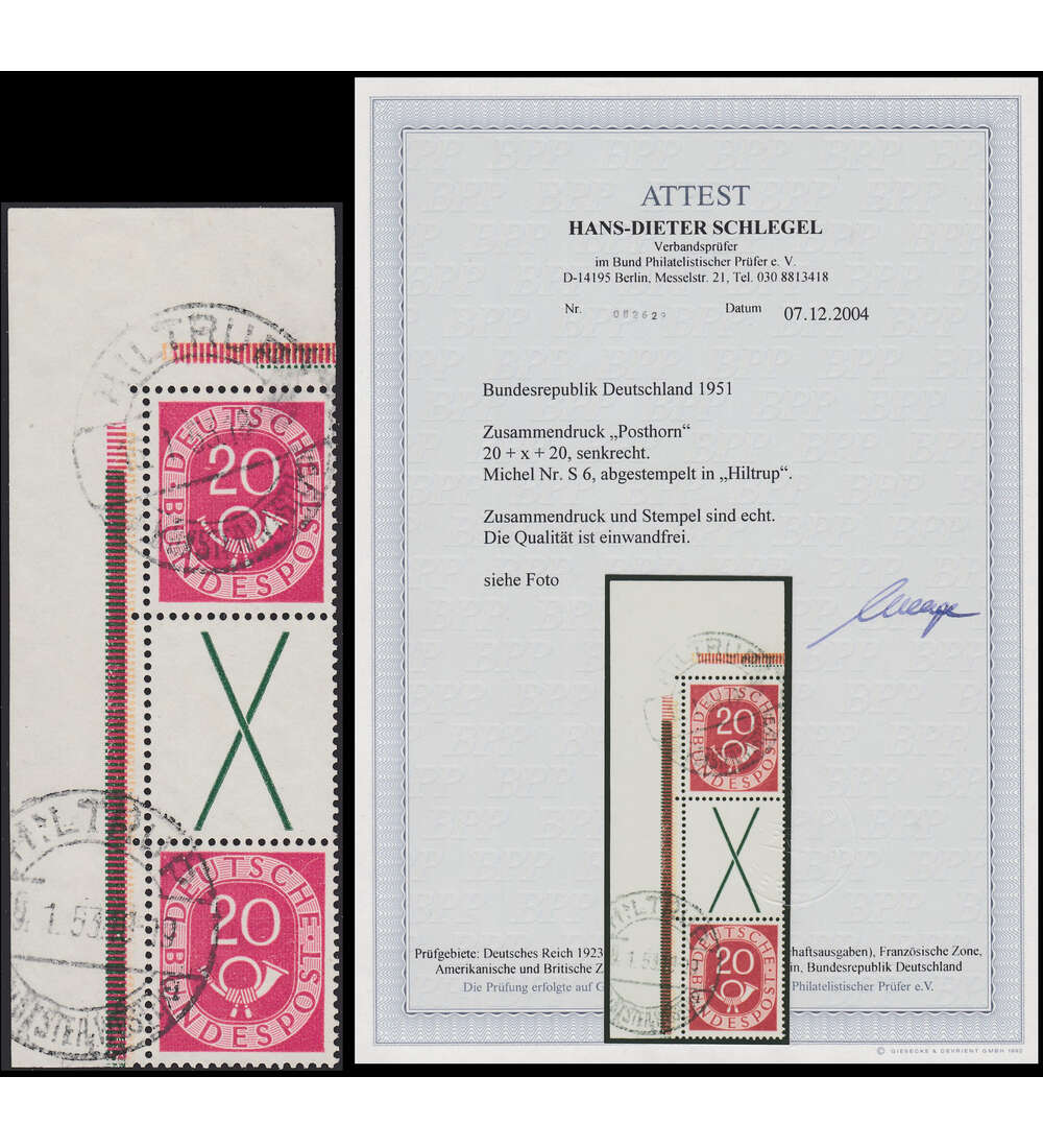 BRD Posthorn-Zusammendruck Nr. S 6 gestempelt mit Farbfotoattest Schlegel