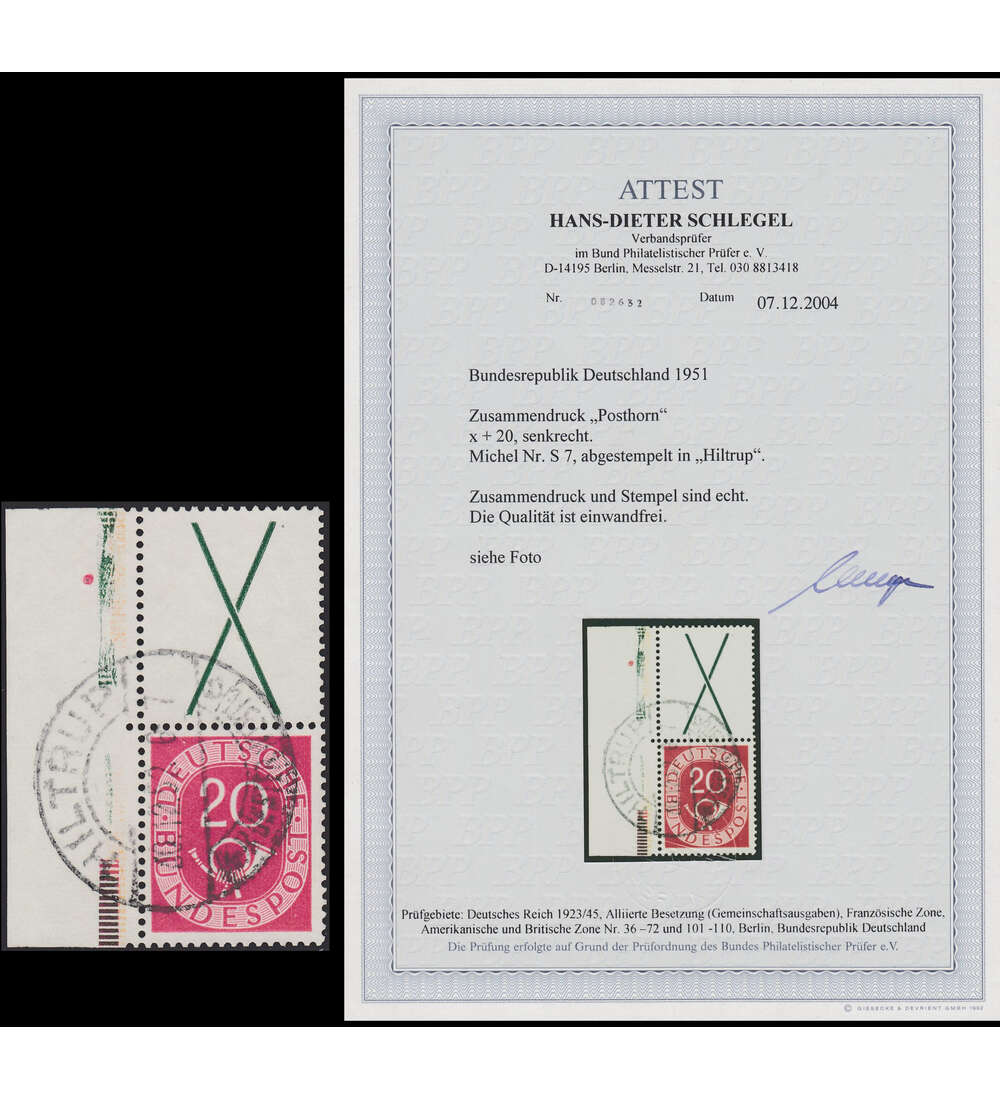 BRD Posthorn-Zusammendruck Nr. S 7 gestempelt mit Farbfotoattest Schlegel