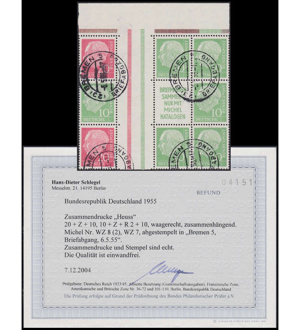 BRD Heuss-Zusammendruck Nr. 2 x WZ 8, WZ 7 gestempelt mit Farbfotobefund Schlegel