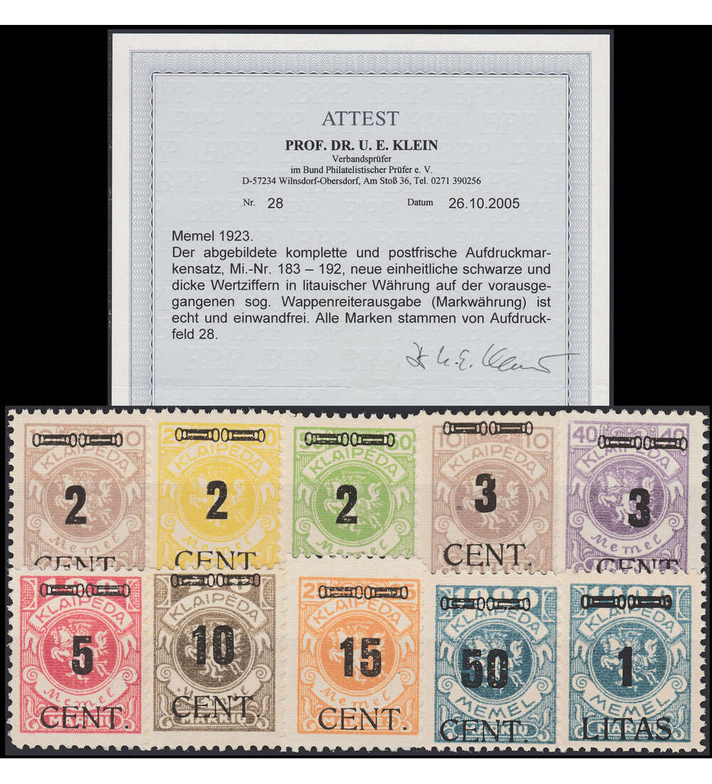 Memel Freimarken 1923 Nr. 183-192 postfrisch mit Farbfotoattest