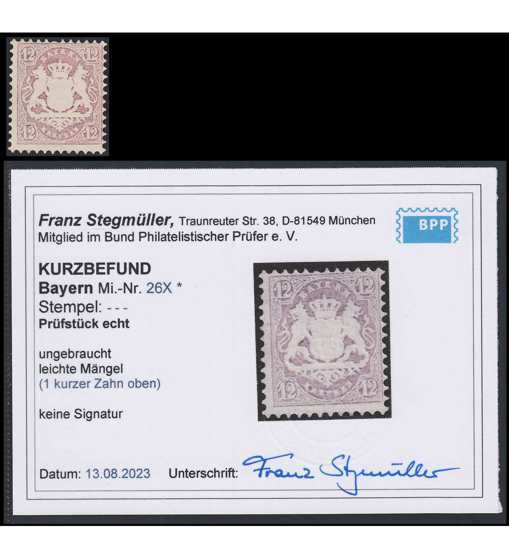 Bayern 12 Kreuzer Nr. 12 X ungestempelt mit Farbfotoattest