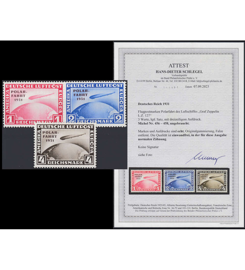 Dt. Reich Polar-Fahrt 1931 Nr. 456-458 ungestempelt mit Farbfotoattest Schlegel