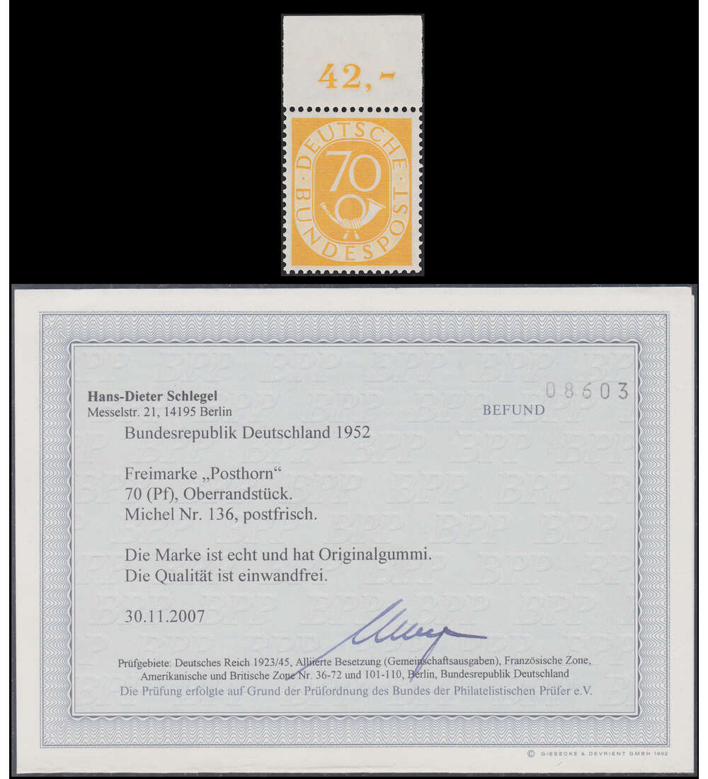  BRD 70 Pfennig Posthorn Nr. 136 postfrisch vom Ober- rand mir Farbfotobefund
