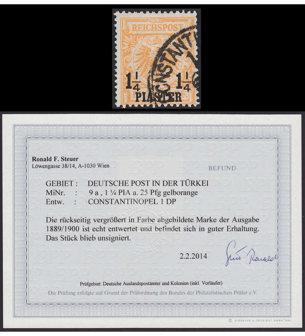 Deutsche  Post in der Trkei Nr. 9 a gestempelt mit Farbfotobefund