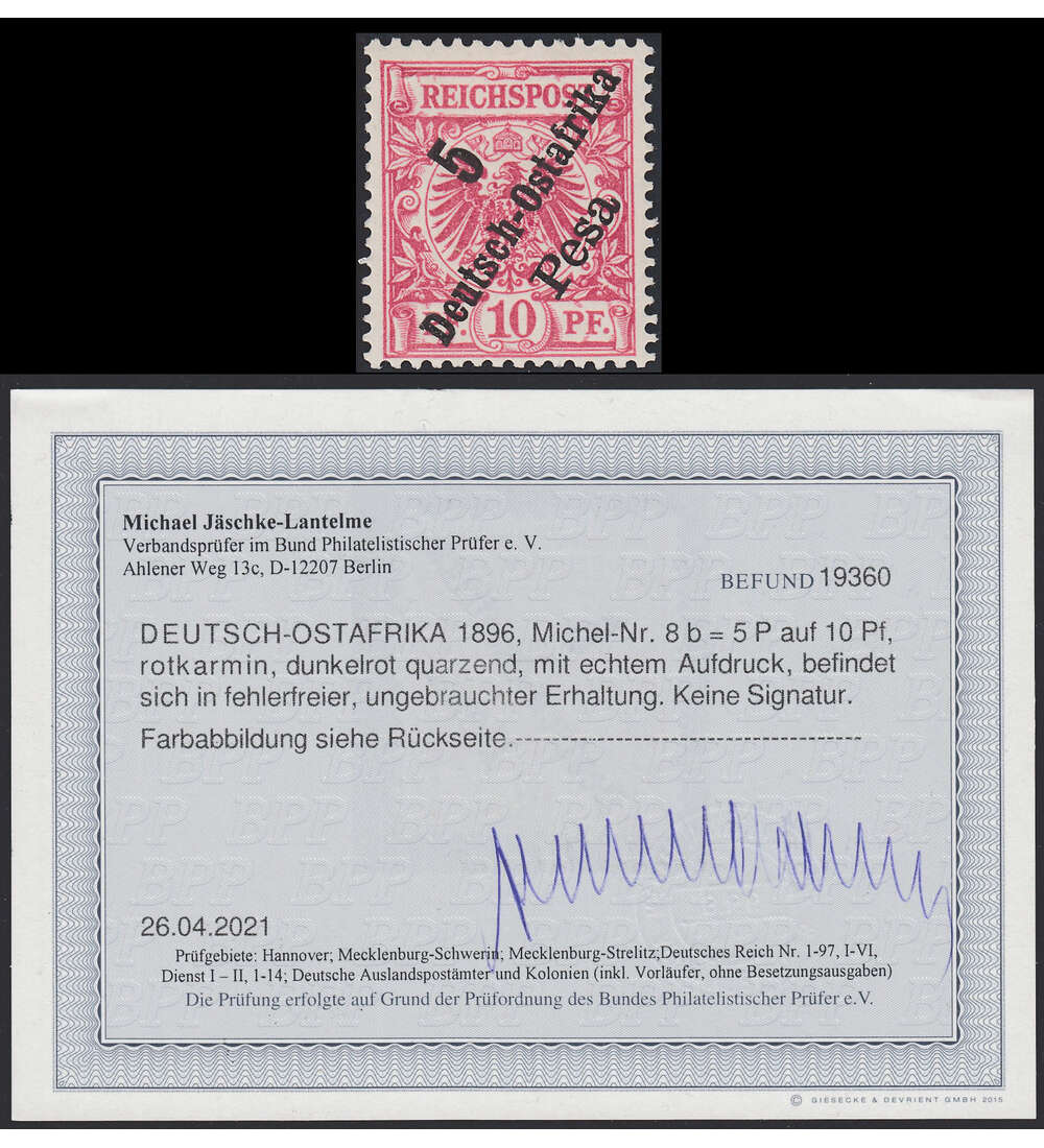 Dt. Kolonien - Deutsch-Ostafrika Nr. 8 b ungestempelt mit Farbfotobefund