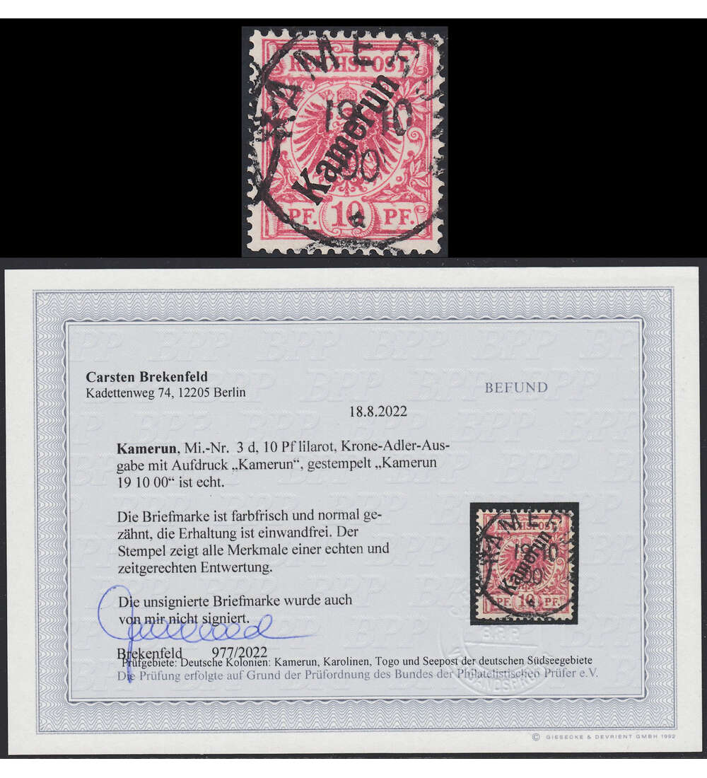 Dt. Kolonien - Kamerun Nr. 3 d gestempelt mit Farbfotobefund