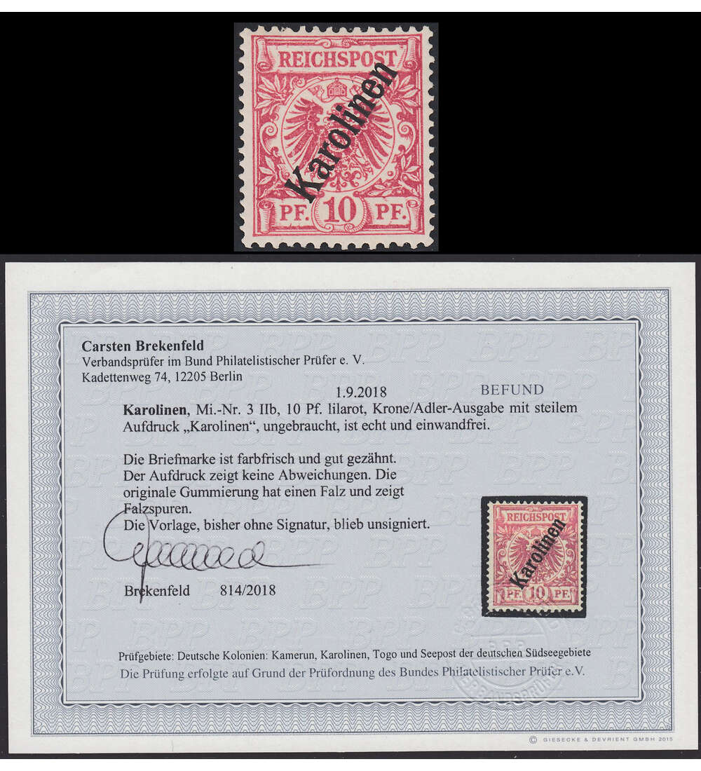 Dt. Kolonien - Karolinen Nr. 3 II b ungestempelt mit Farbfotobefund