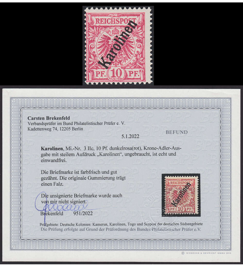 Dt. Kolonien - Karolinen Nr. 3 II c ungestempelt mit Farbfotobefund