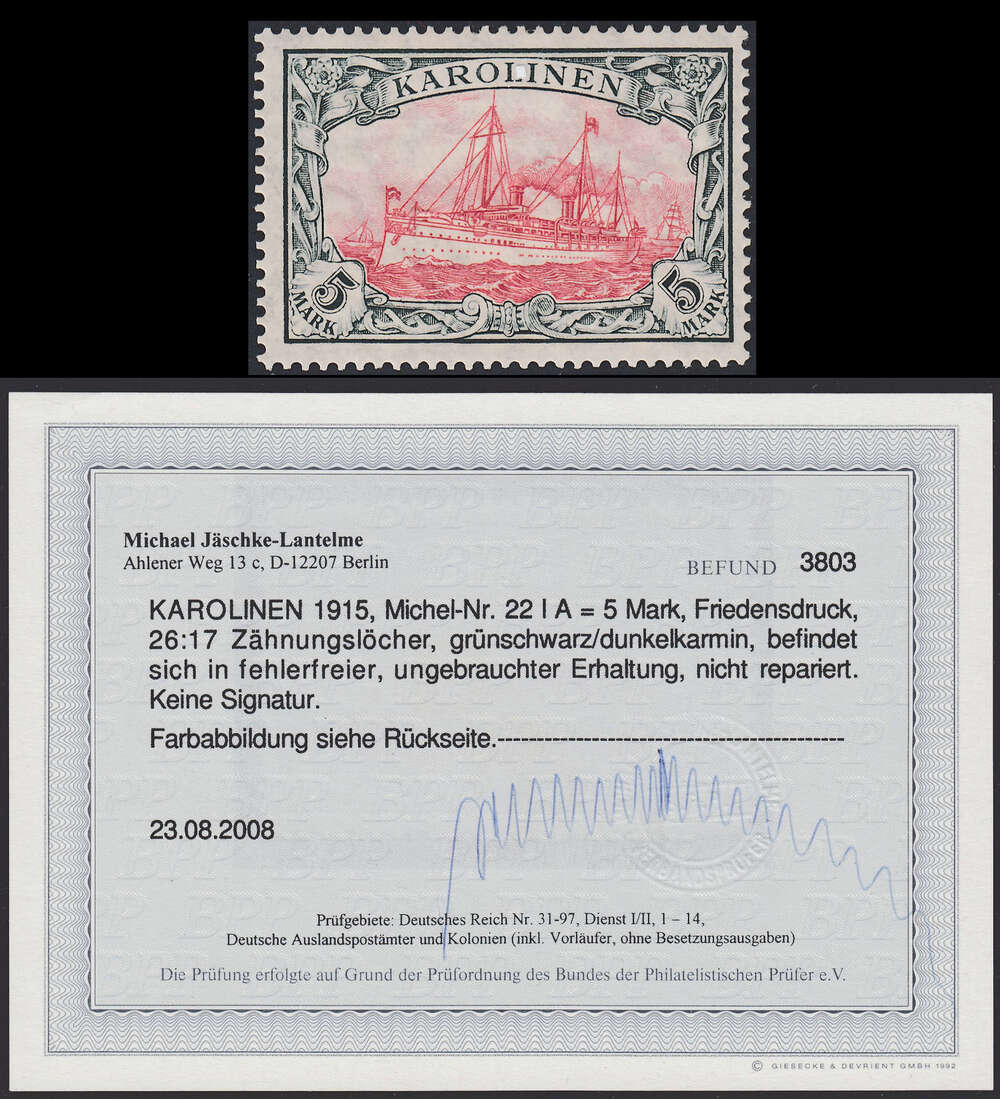   Dt. Kolonien - Karolinen Nr. 22 I A ungestempelt mit Farbfotobefund