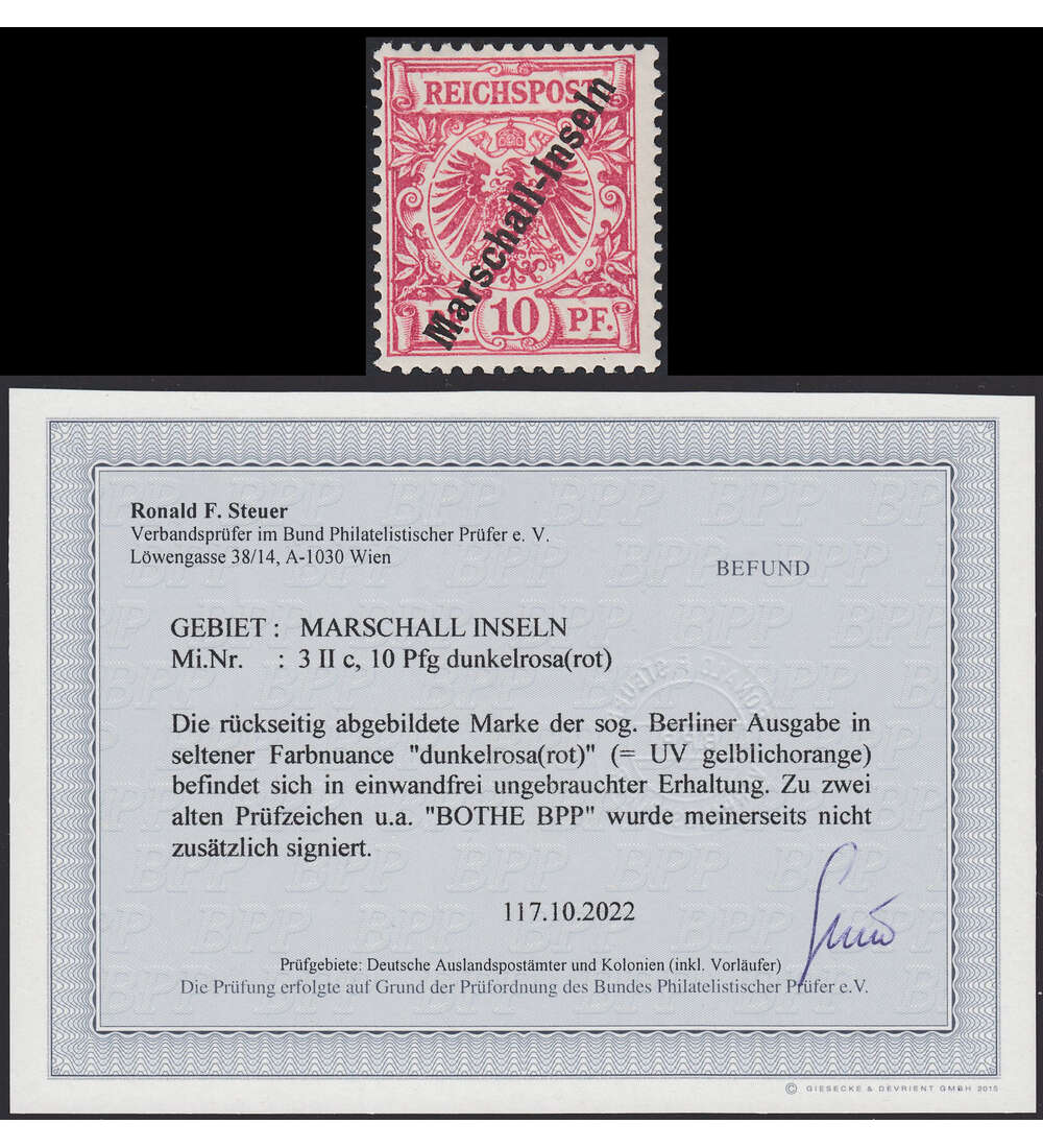 Dt. Kolonien-Marschall Inseln Nr. 3 II c ungestempelt mit Farbfotobefund