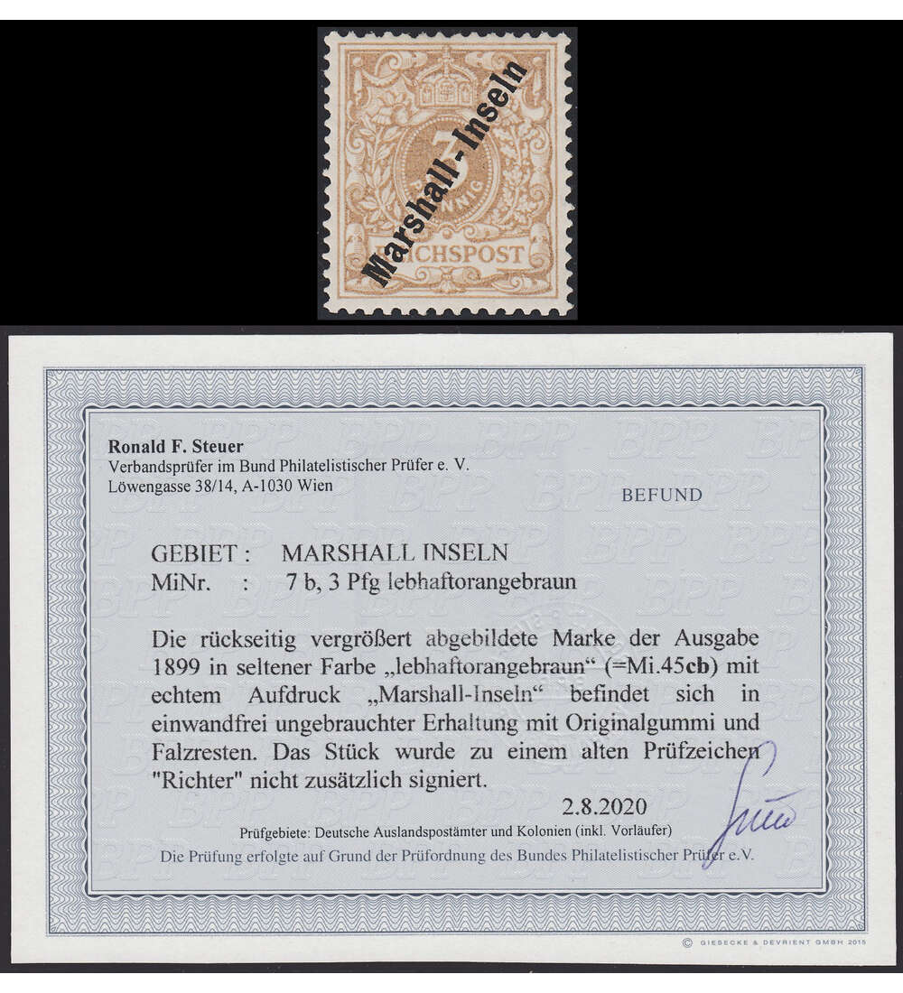 Der Aufdruckwert Nr. 7 b ungestempelt mit Farbfotobefund. Michelwert: 350.-!