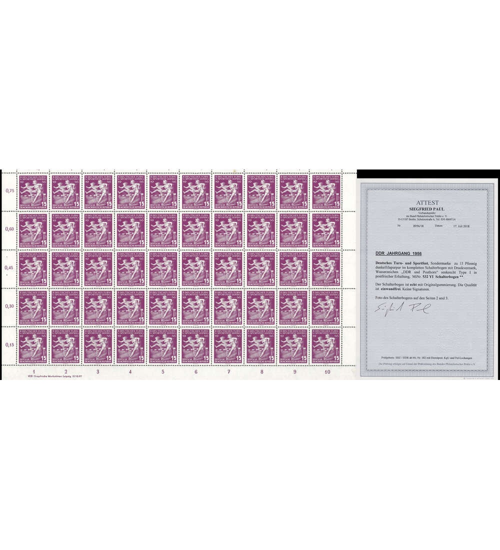 DDR-Originalbogen Nr. 532 Y I postfrisch mit Fotoattest Paul Dt. Turn- und Sportfest 1956