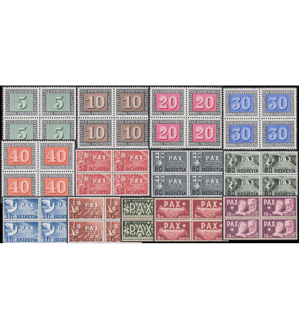 Schweiz PAX 1945 postfrisch Nr. 452-459 in Viererblocks Waffenstillstand in Europa