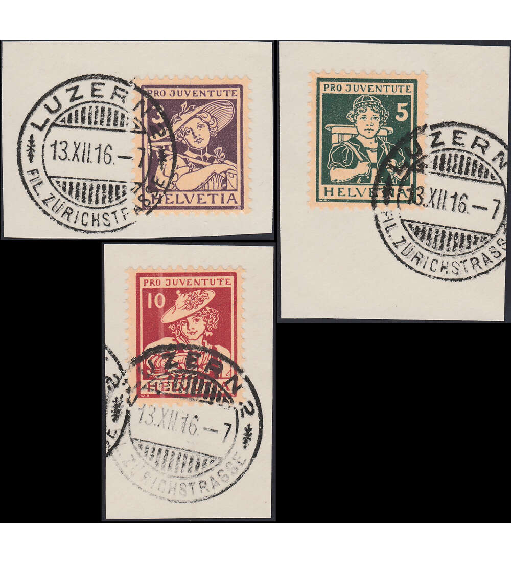 Schweiz Pro Juventute 1916 Nr. 130-132 auf Briefstcken lesbarer Vollstempel Luzern