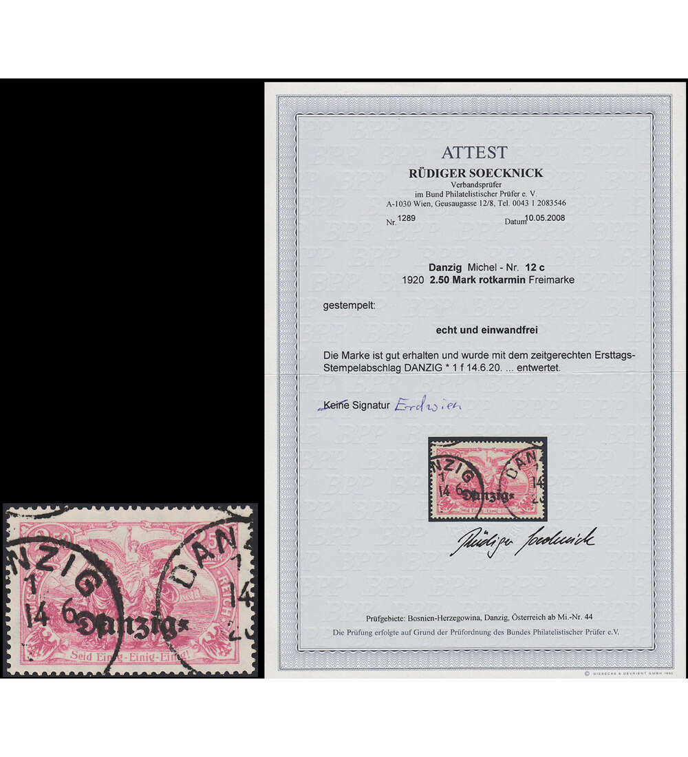 Danzig - Rarit�ten Nr.12 c sauberer Rundstempel mit Farbfotoattest Soechnick