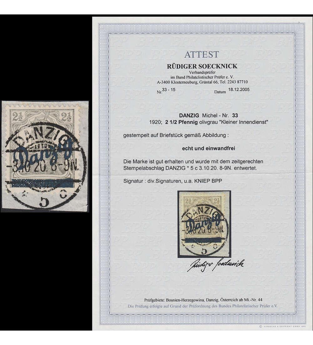 Danzig - Rarit�ten Nr. 33 auf Briefst�ck mit Farbfotoattest Soecknick