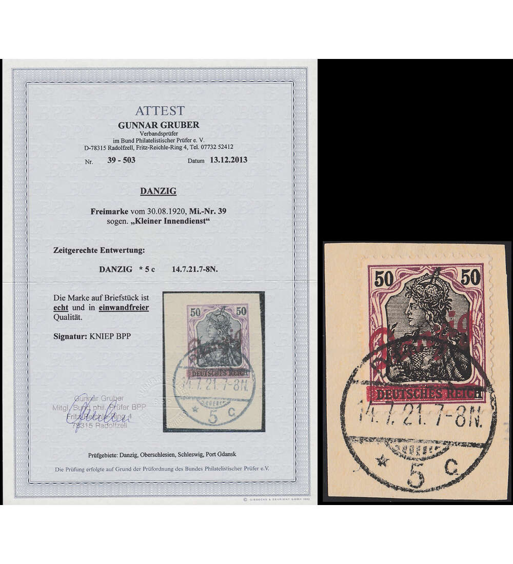Danzig - Rarit�ten Nr. 39 auf Briefst�ck mit Farbfotoattest Gruber