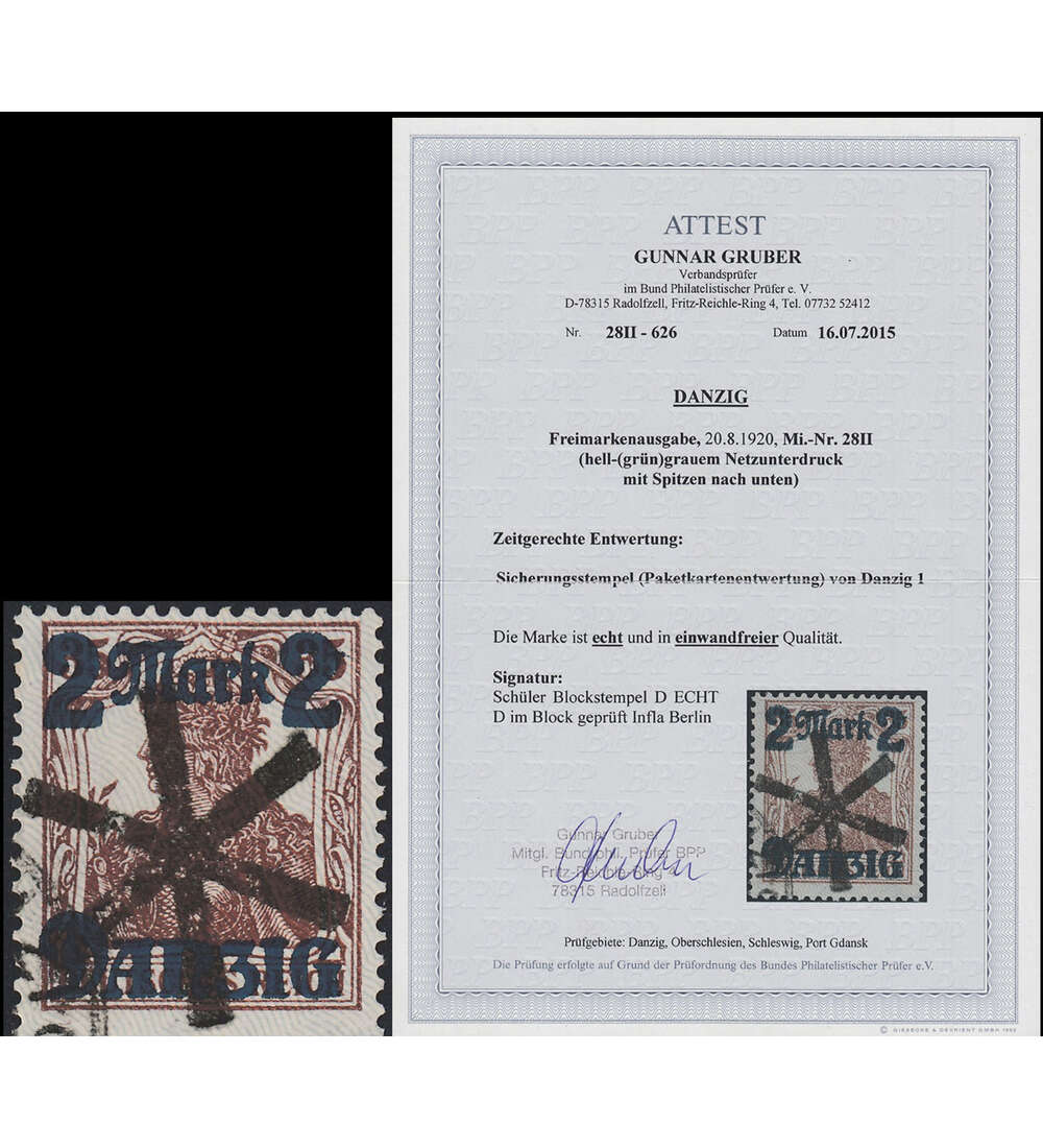 Danzig - Rarit�ten Nr 28 II Paketkartenentwertung mit Farbfotoattest Gruber
