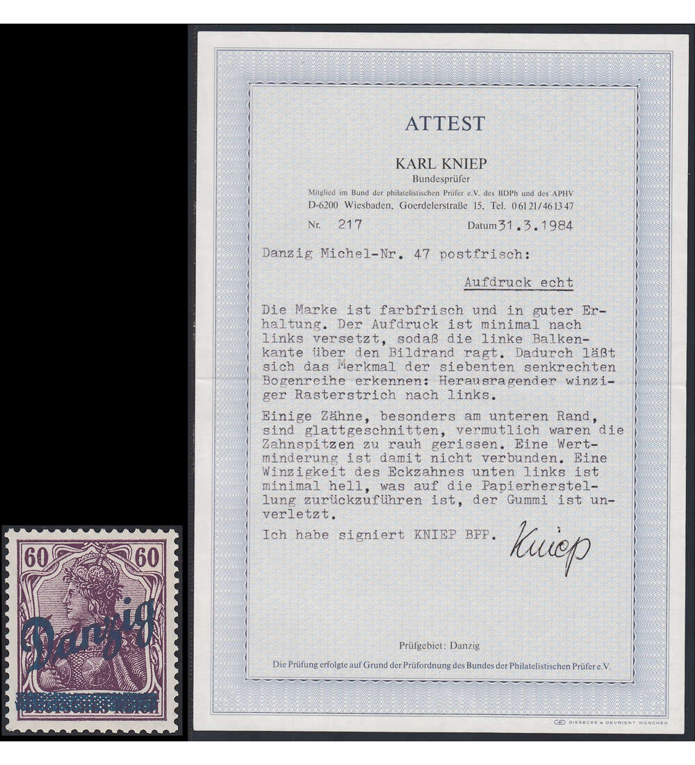 Danzig - Rarit�ten postfrisch Nr. 47 gro�er Innendienst mit Fotoattest Kniep
