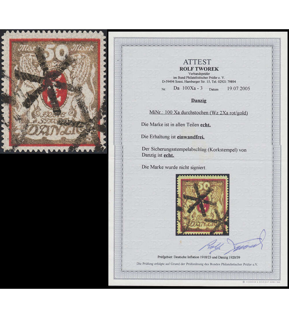 Danzig - Raritten Nr. 100 Xa Sicherungsstempel- abschlag Farbfotoattest Tworek