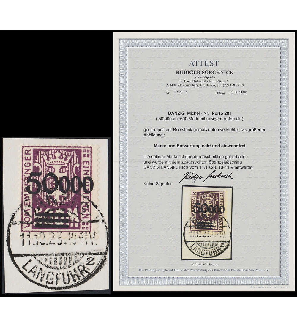 Danzig - Rarit�ten Nr. P 28 I auf Briefst�ck mit Farbfotoattest Soecknick
