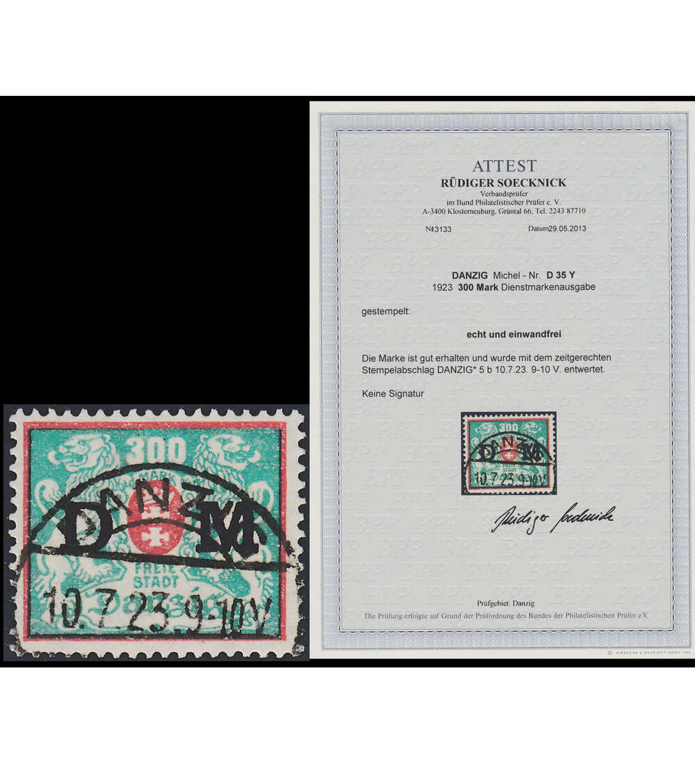 Danzig - Dienstmarke Nr. 35 Y gestempelt mit Farbfotoattest Soecknick