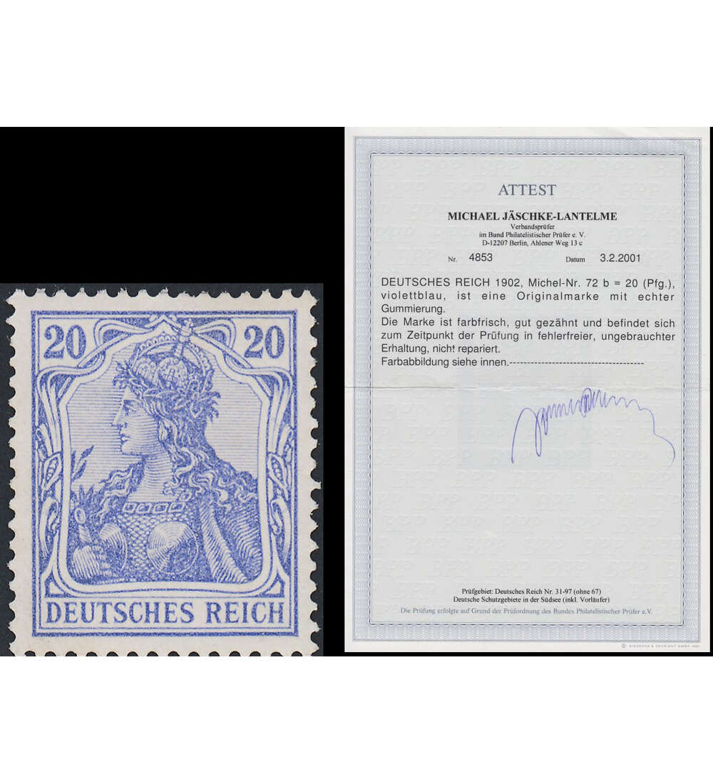 Deutsches Reich Germania Nr. 72 b mit Farbfotoattest Jschke-Lantelme