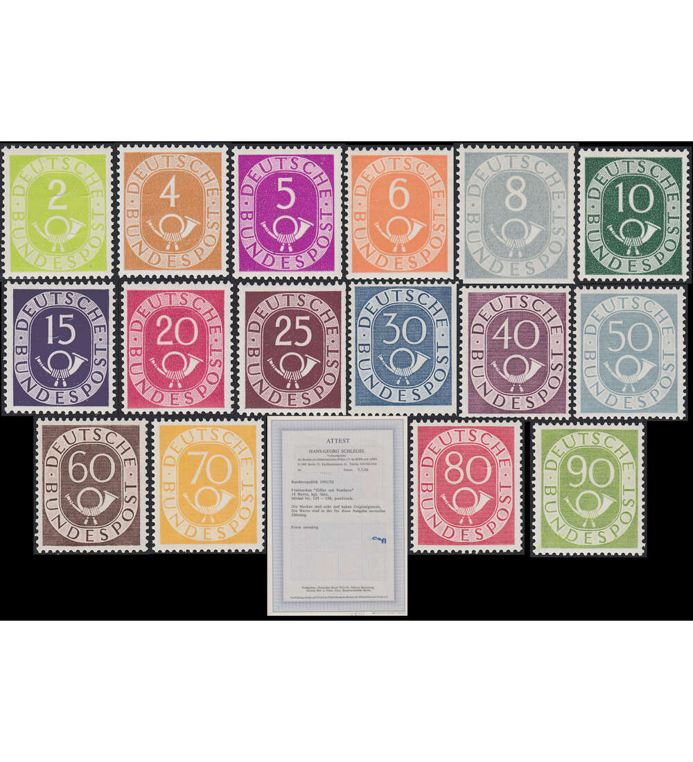 BRD Posthorn-Satz Nr. 123-138 postfrisch mit Farbfotoattest Schlegel