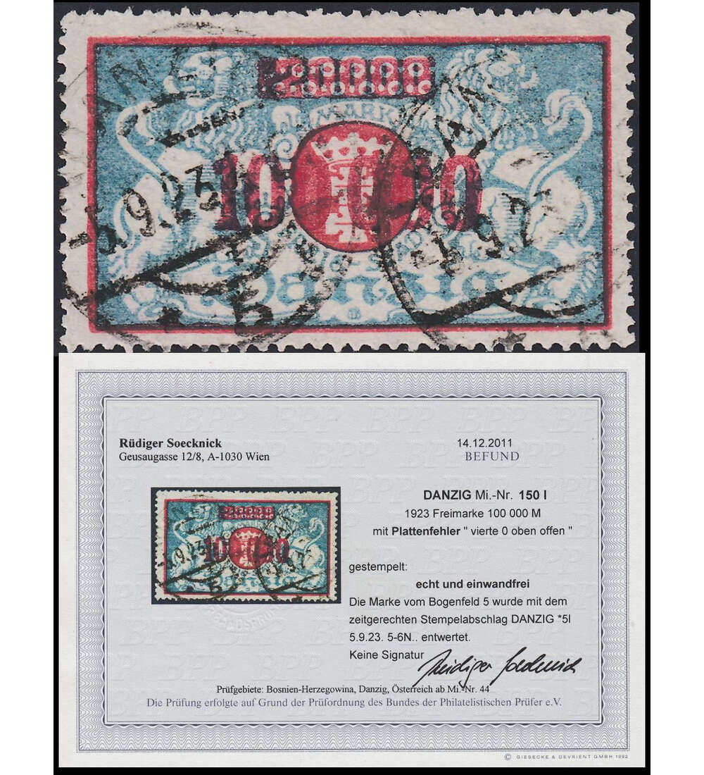 Danzig mit Befund Nr. 150 I gestempelt Farbfotobefund Soecknick